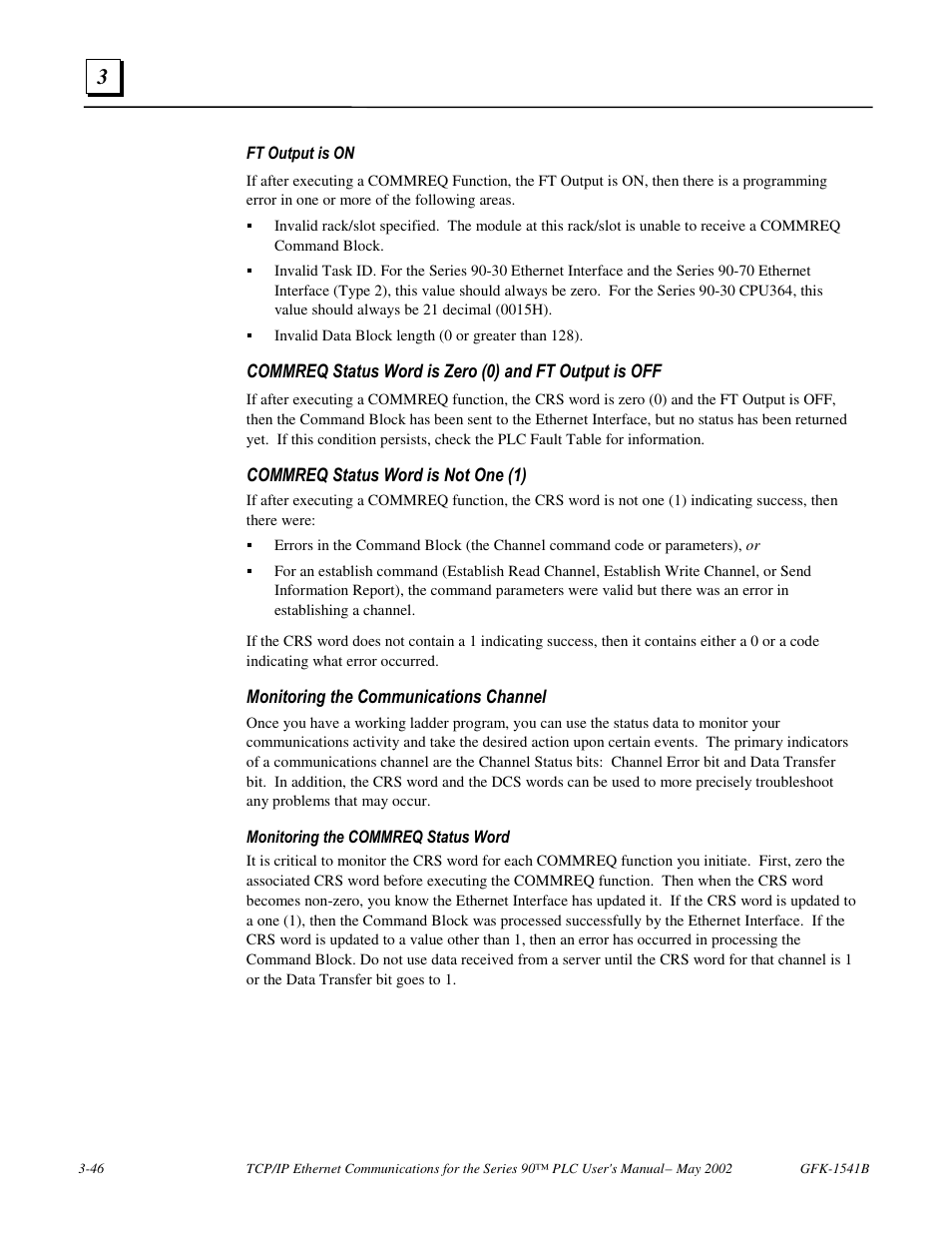 Commreq status word is not one (1), Monitoring the communications channel | GE GFK-1541B User Manual | Page 113 / 240