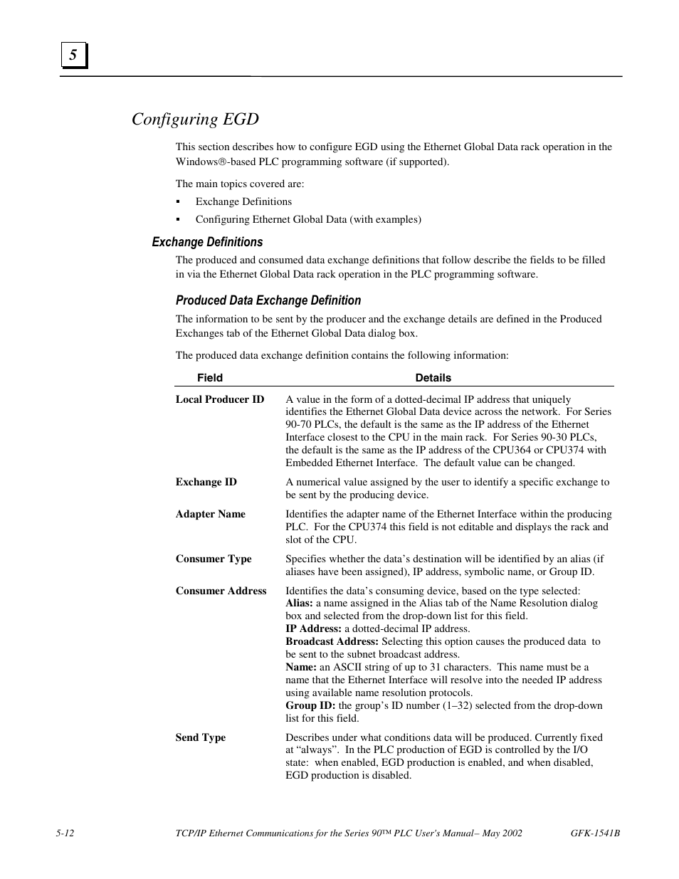 Configuring egd, Exchange definitions | GE GFK-1541B User Manual | Page 161 / 240