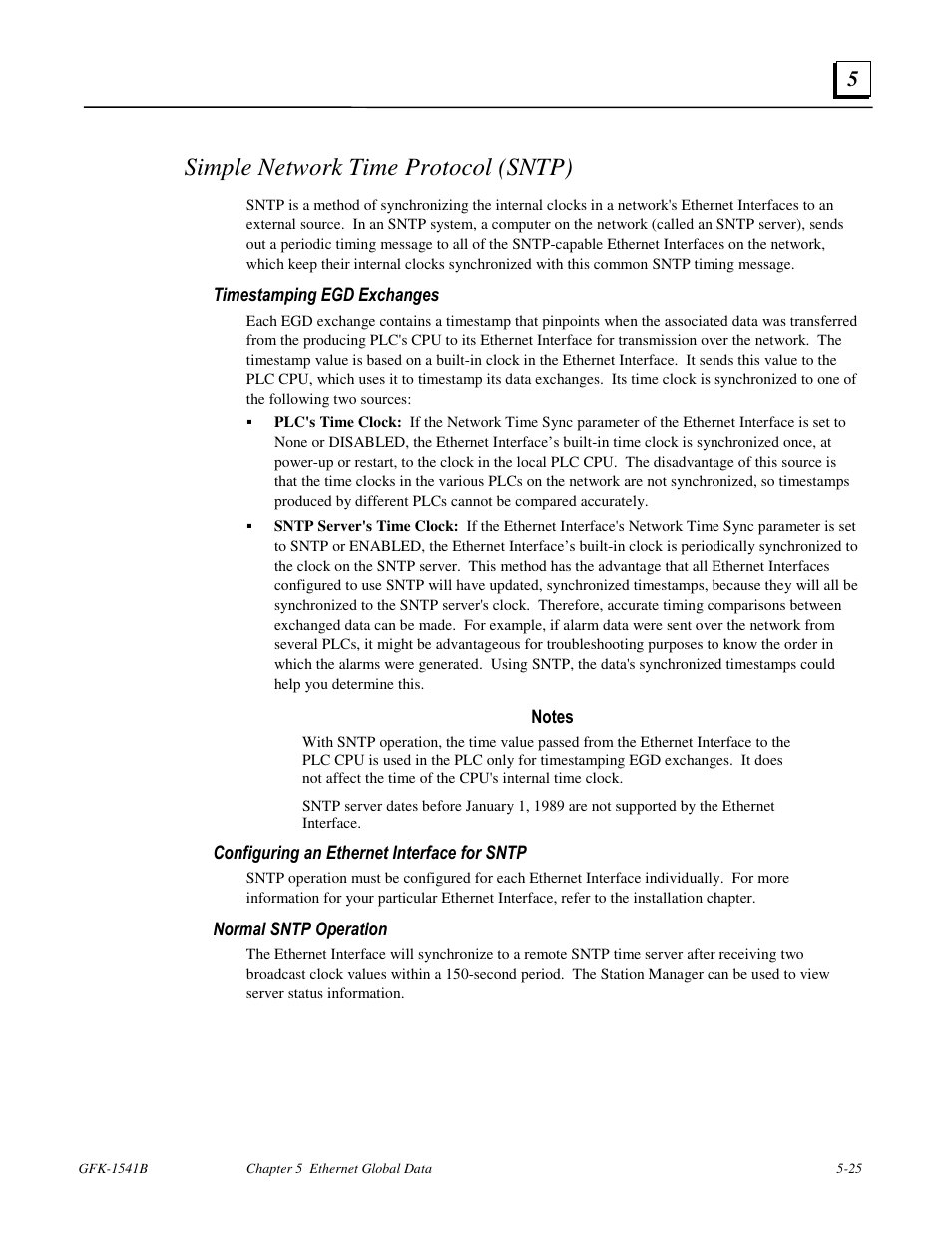 Simple network time protocol (sntp), Timestamping egd exchanges, Configuring an ethernet interface for sntp | Normal sntp operation | GE GFK-1541B User Manual | Page 174 / 240