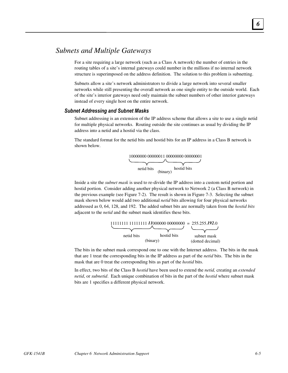 Subnets and multiple gateways, Subnet addressing and subnet masks | GE GFK-1541B User Manual | Page 180 / 240