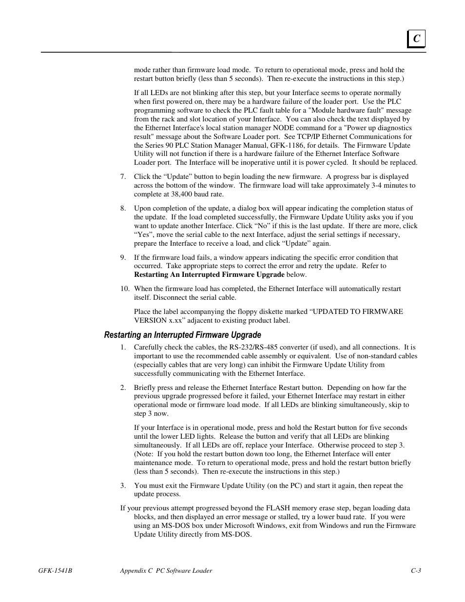 Restarting an interrupted firmware upgrade | GE GFK-1541B User Manual | Page 224 / 240