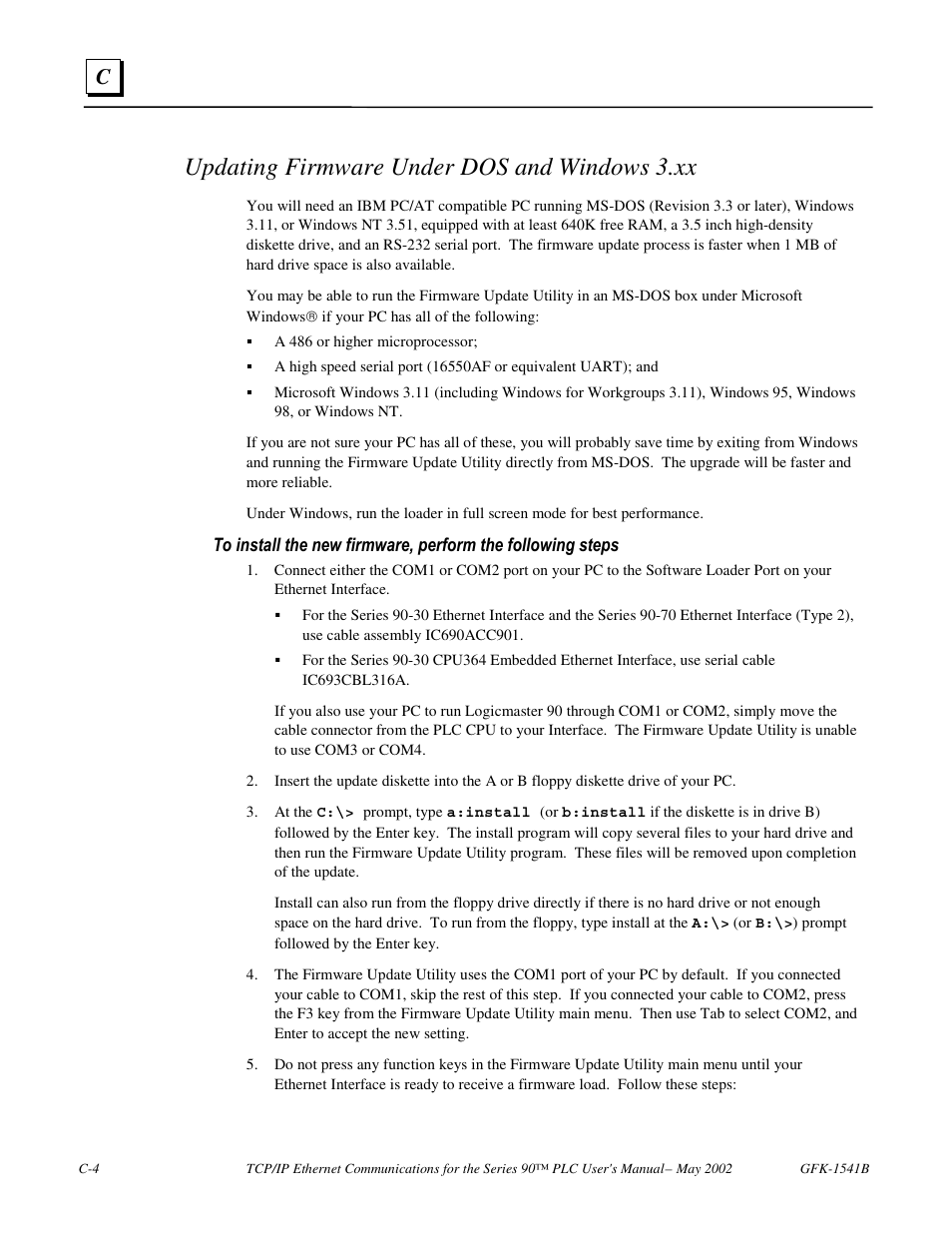 Updating firmware under dos and windows 3.xx | GE GFK-1541B User Manual | Page 225 / 240