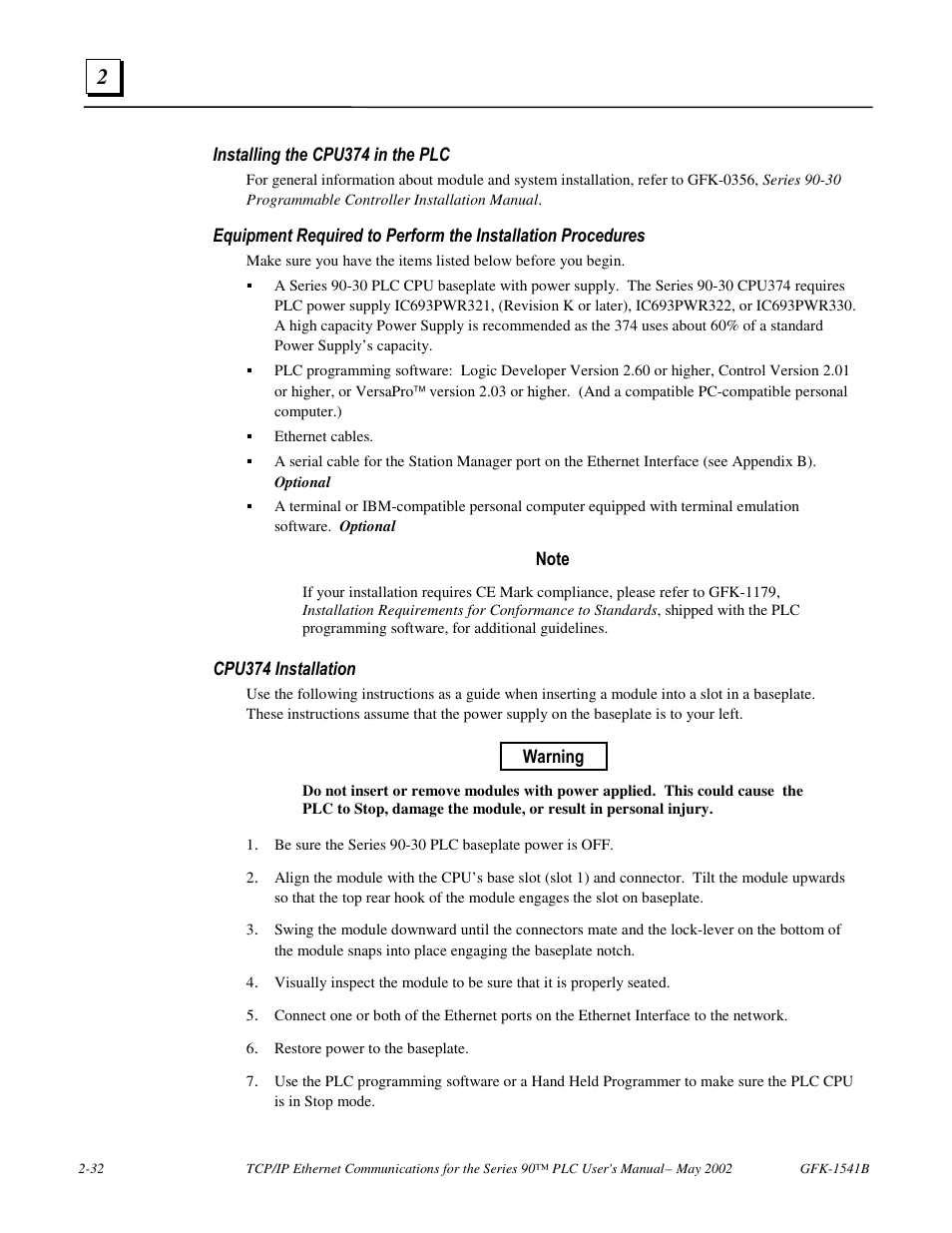 Installing the cpu374 in the plc | GE GFK-1541B User Manual | Page 45 / 240