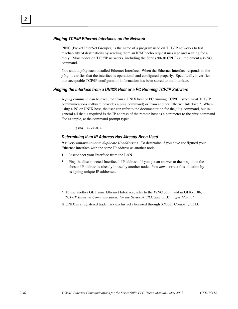Pinging tcp/ip ethernet interfaces on the network, Determining if an ip address has already been used | GE GFK-1541B User Manual | Page 53 / 240
