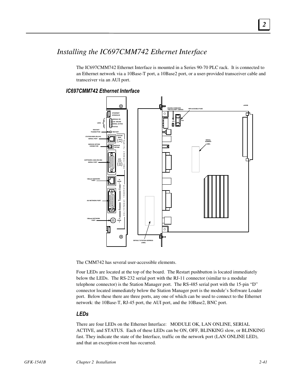 Installing the ic697cmm742 ethernet interface, Ic697cmm742 ethernet interface, Leds | GE GFK-1541B User Manual | Page 54 / 240