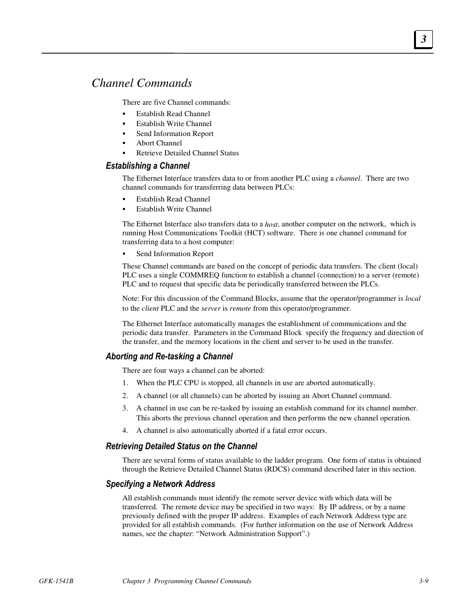 Channel commands, Establishing a channel, Aborting and re-tasking a channel | Retrieving detailed status on the channel, Specifying a network address | GE GFK-1541B User Manual | Page 76 / 240