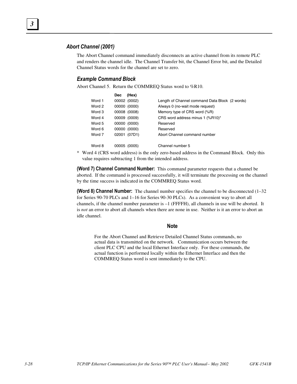 Abort channel (2001), Example command block, Word 7) channel command number | Word 8) channel number | GE GFK-1541B User Manual | Page 95 / 240