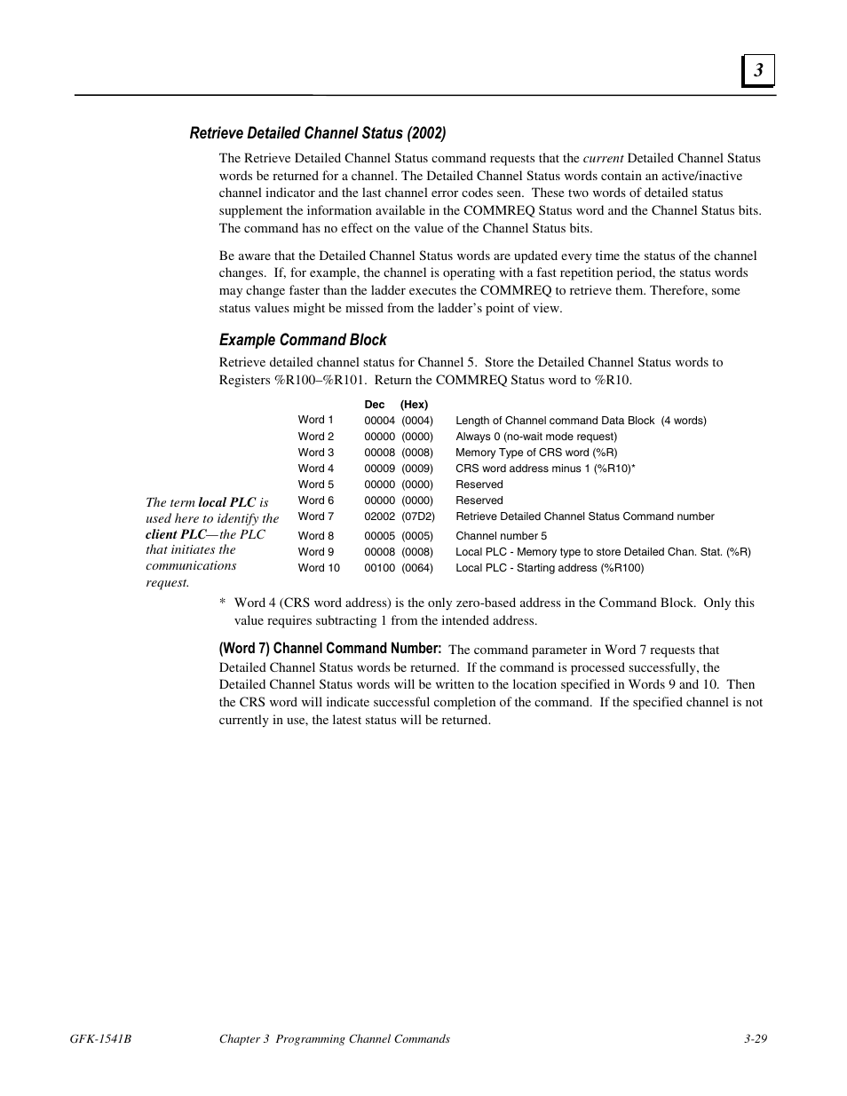 Retrieve detailed channel status (2002), Example command block, Word 7) channel command number | GE GFK-1541B User Manual | Page 96 / 240