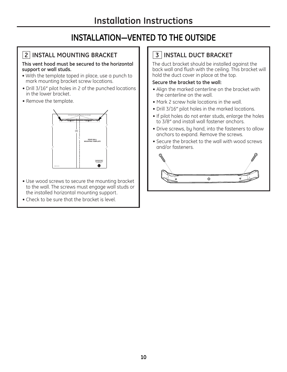 Step 2, install mounting bracket, Step 3, install duct bracket, Installation instructions | Installation—vented to the outside, Install duct bracket, 3install mounting bracket | GE MONOGRAM ZV900 User Manual | Page 11 / 21