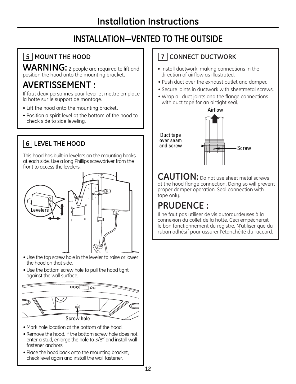 Step 5, mount the hood, Step 6, level the hood, Step 7, connect ductwork | Caution, Prudence, Warning, Avertissement | GE MONOGRAM ZV900 User Manual | Page 13 / 21