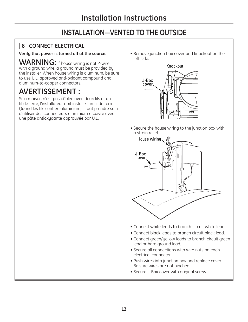 Step 8, connect electrical, Warning, Avertissement | GE MONOGRAM ZV900 User Manual | Page 14 / 21