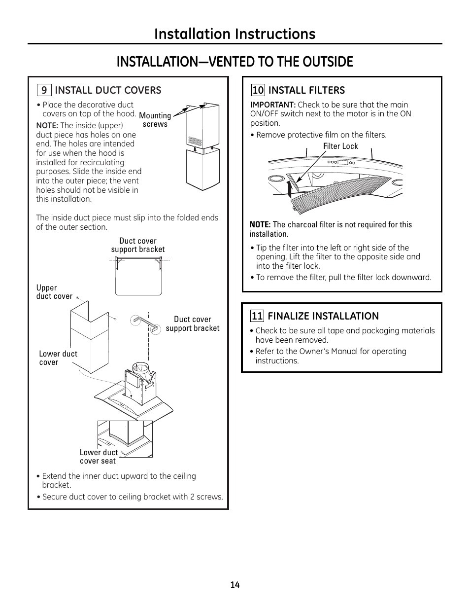 Step 9, install duct covers, Step 10, install filters, Step 11, finalize installation | GE MONOGRAM ZV900 User Manual | Page 15 / 21