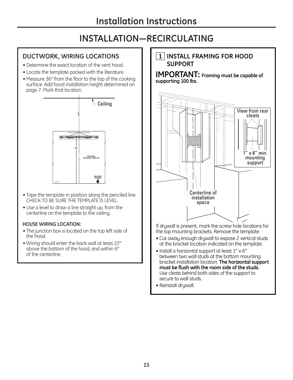 Ductwork, wiring locations, Step 1, install framing for hood support, Important | Install framing for hood support | GE MONOGRAM ZV900 User Manual | Page 16 / 21