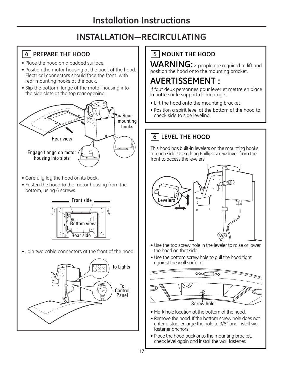 Step 4, prepare the hood, Step 5, mount the hood, Step 6, level the hood | Warning, Avertissement | GE MONOGRAM ZV900 User Manual | Page 18 / 21
