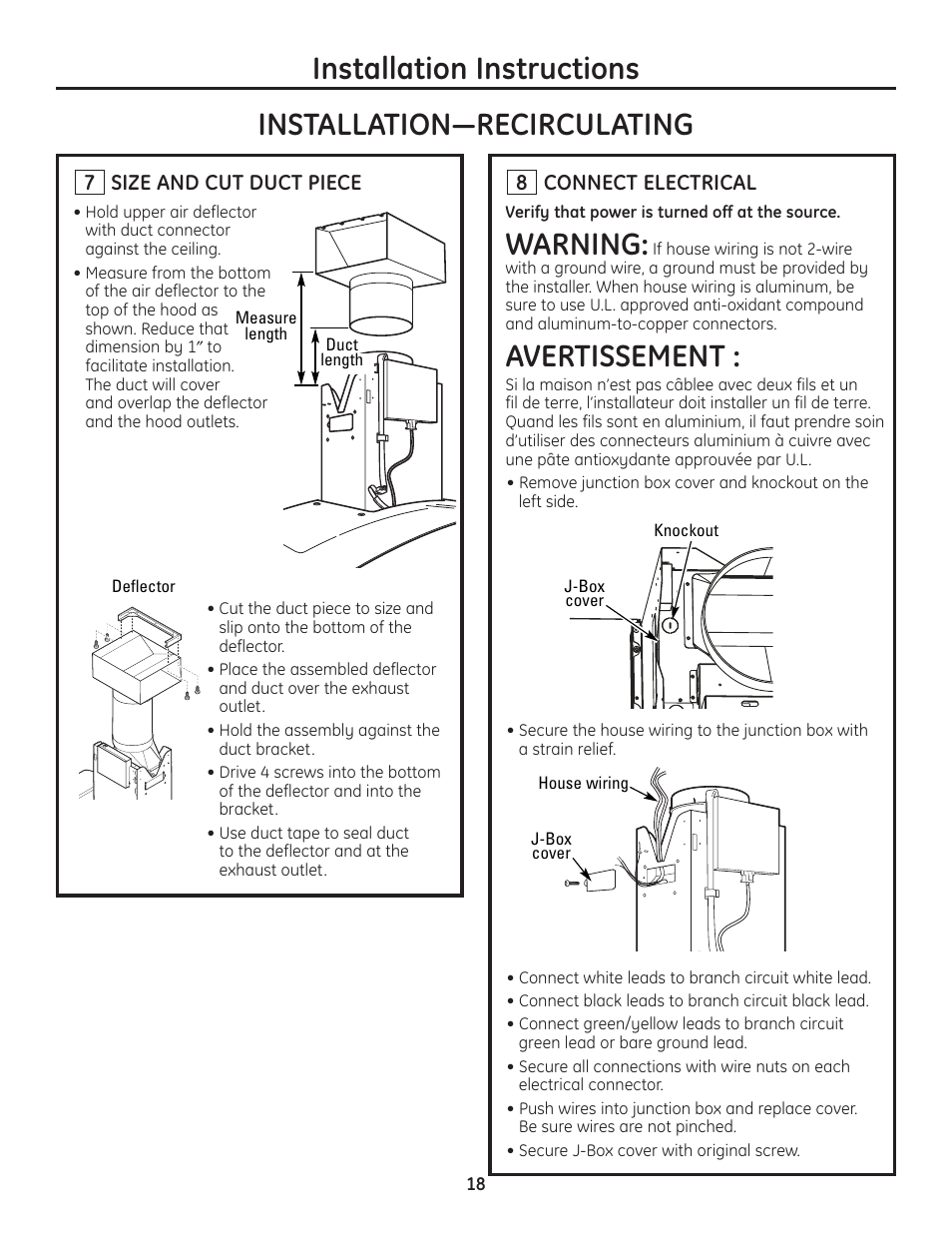 Step 7, size and cut duct piece, Step 8, connect electrical, Warning | Avertissement | GE MONOGRAM ZV900 User Manual | Page 19 / 21