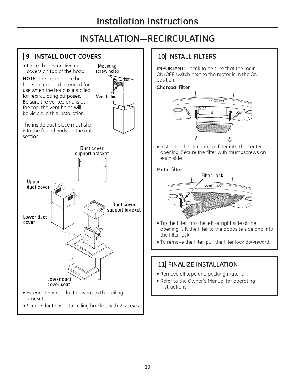 Step 9, install duct covers, Step 10, install filters, Step 11, finalize installation | GE MONOGRAM ZV900 User Manual | Page 20 / 21
