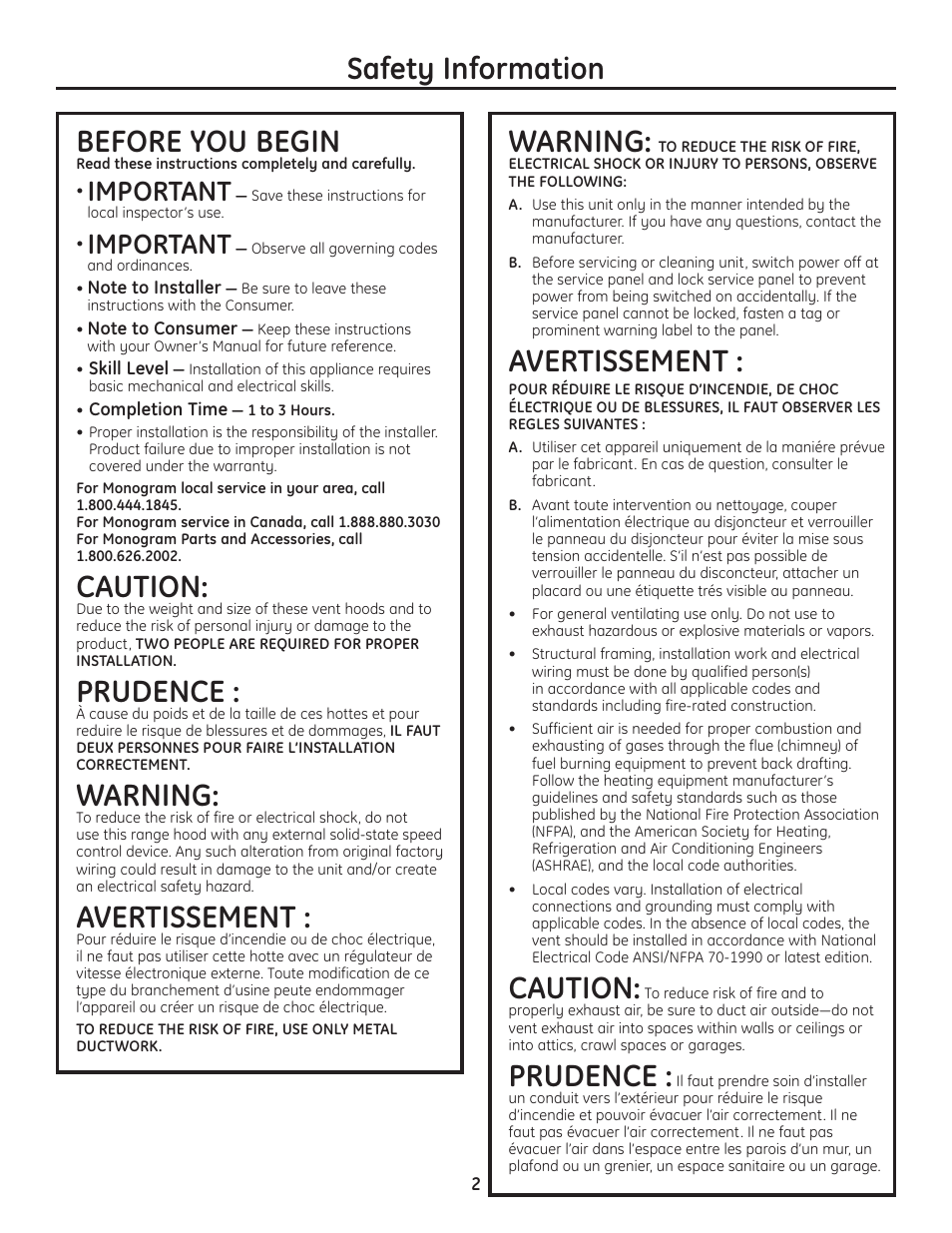 Safety information, Before you begin, Caution | Prudence, Warning, Avertissement, Important | GE MONOGRAM ZV900 User Manual | Page 3 / 21
