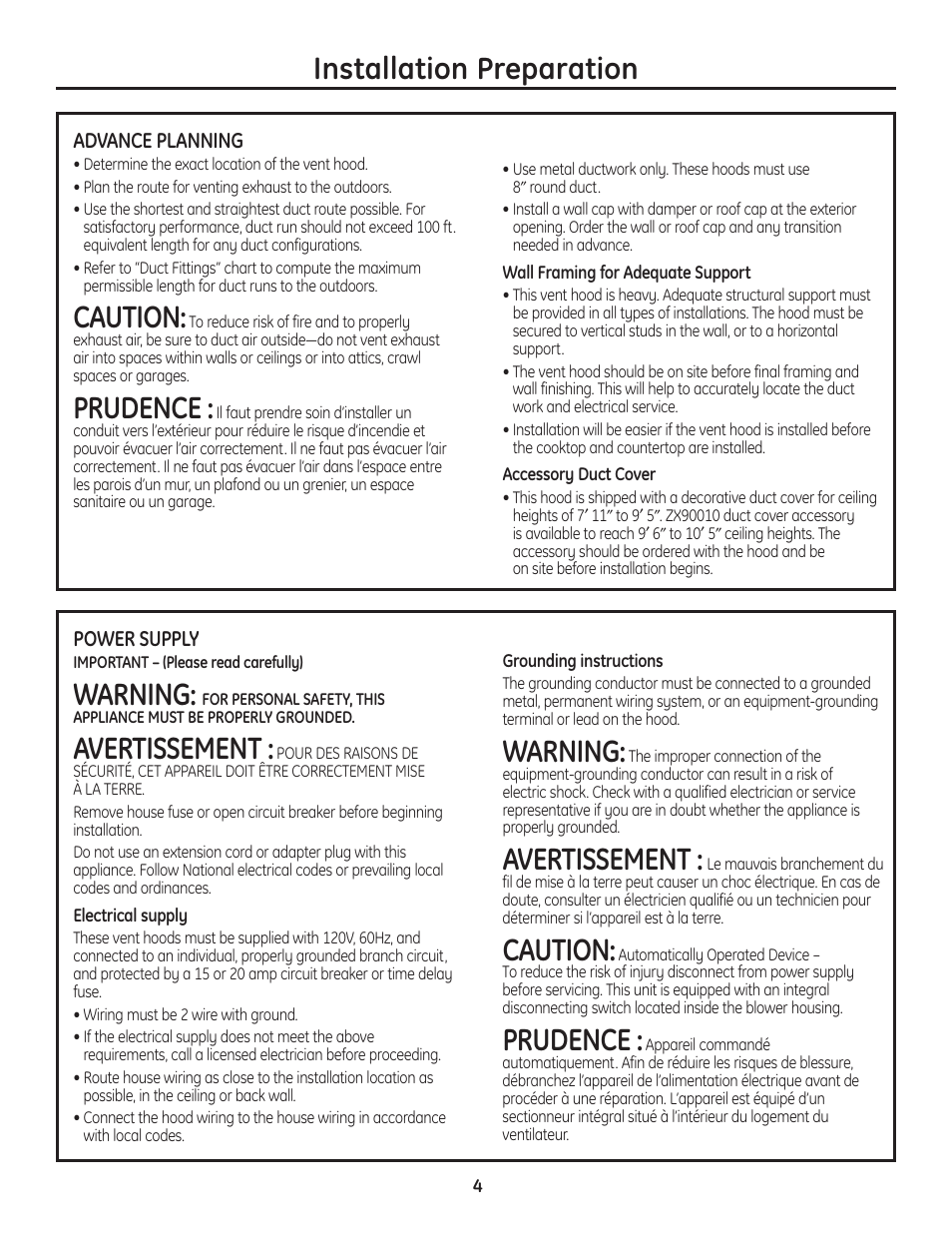 Advance planning, ductwork, framing, Power supply, Advance planning, ductwork, framing power supply | Installation preparation, Caution, Prudence, Warning, Avertissement | GE MONOGRAM ZV900 User Manual | Page 5 / 21