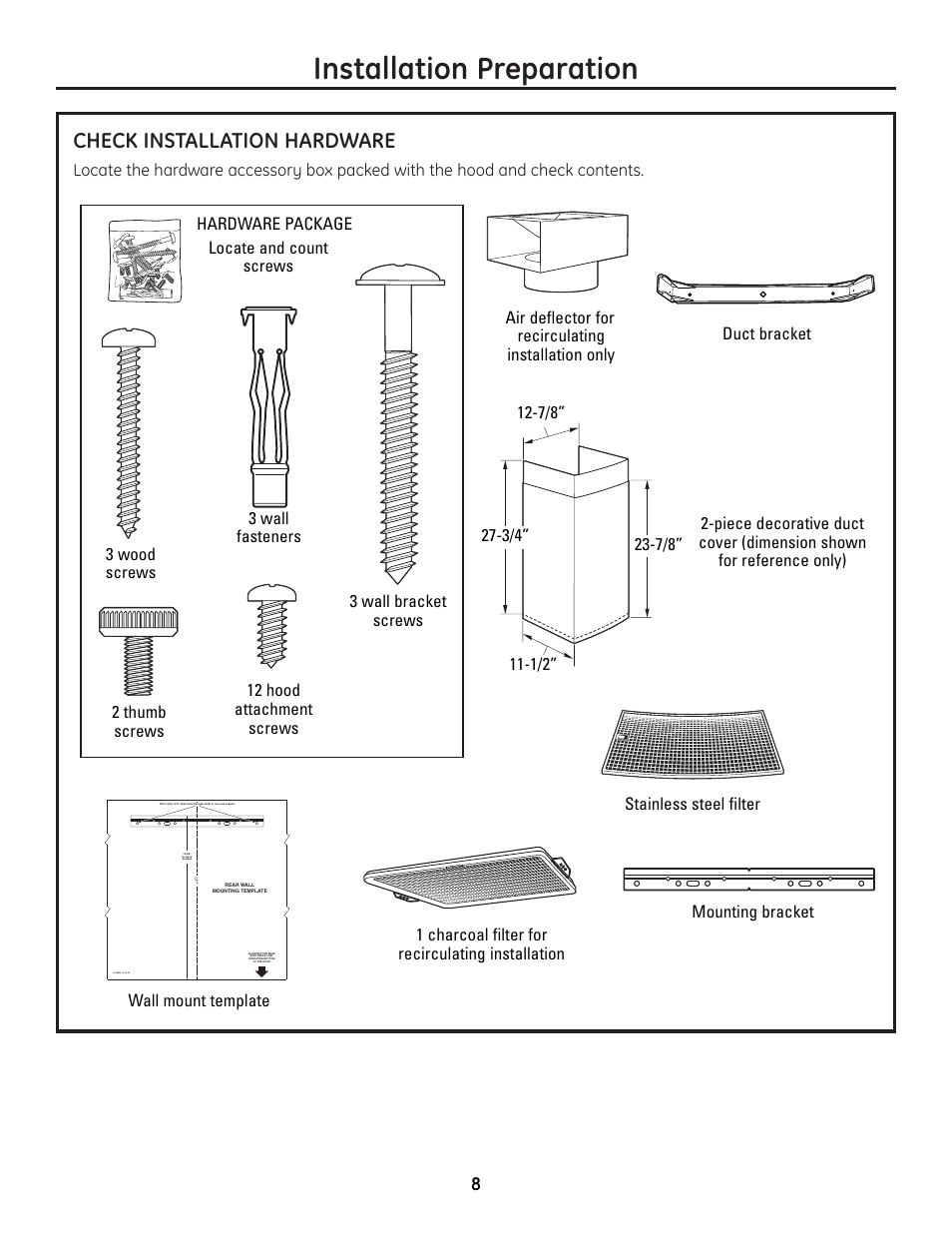 Check installation hardware, Installation preparation, Wall mount template | GE MONOGRAM ZV900 User Manual | Page 9 / 21
