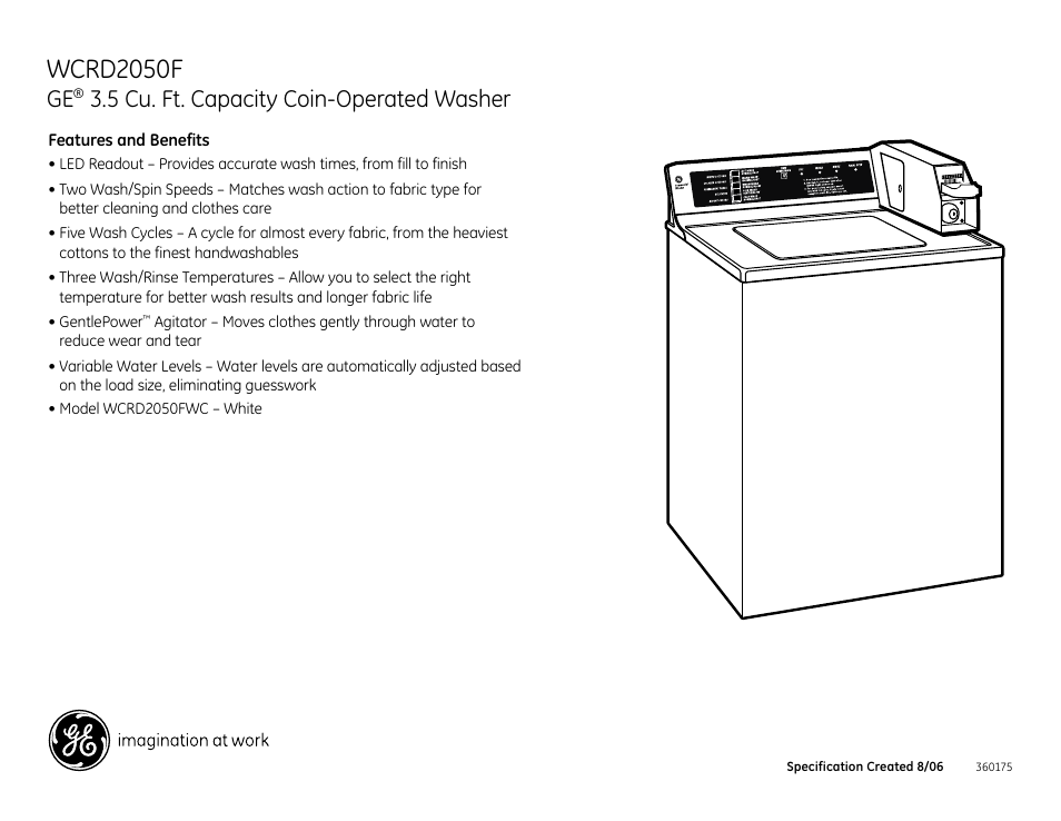 Wcrd2050f, 5 cu. ft. capacity coin-operated washer | GE WCRD2050F User Manual | Page 2 / 2