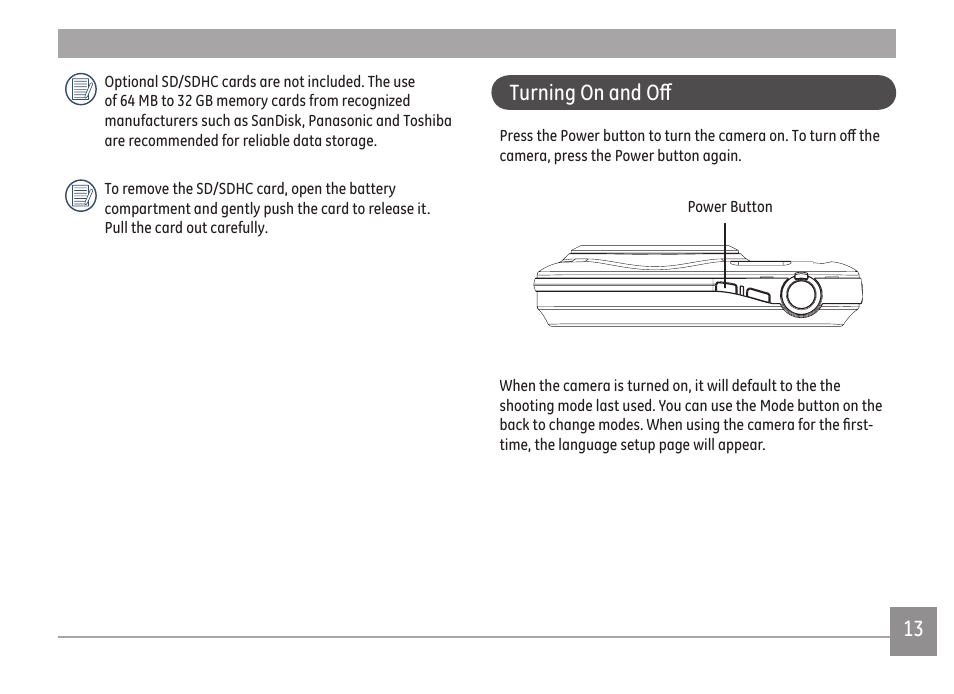 Turning on and off | GE E1680W User Manual | Page 16 / 86