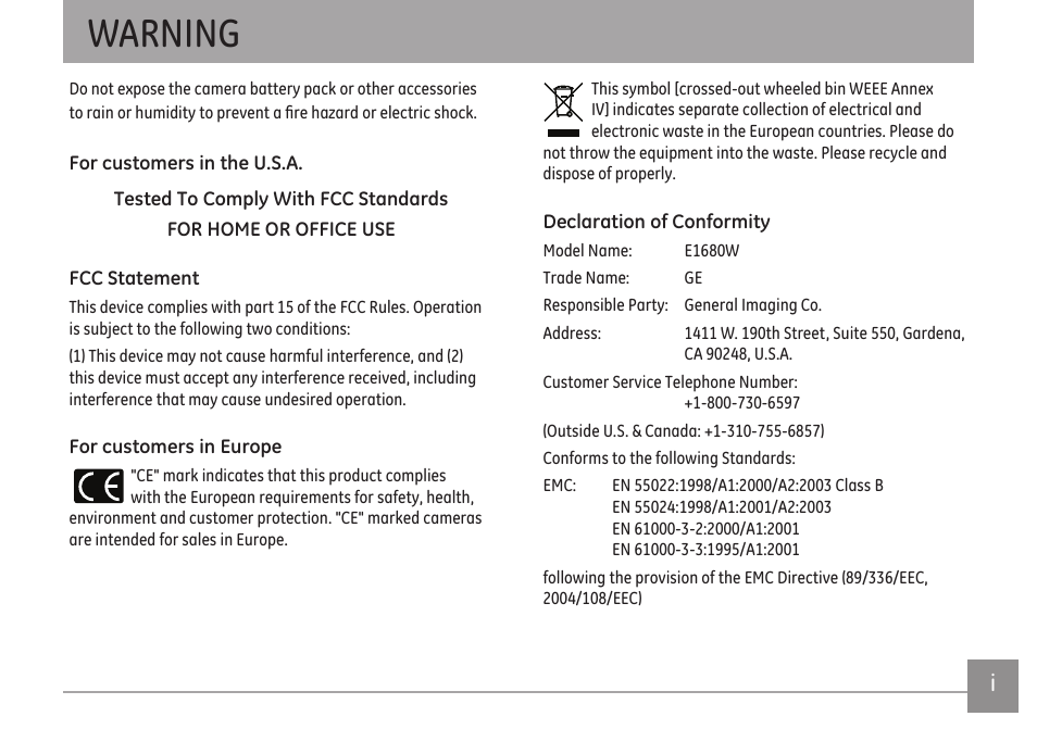 Warning | GE E1680W User Manual | Page 2 / 86