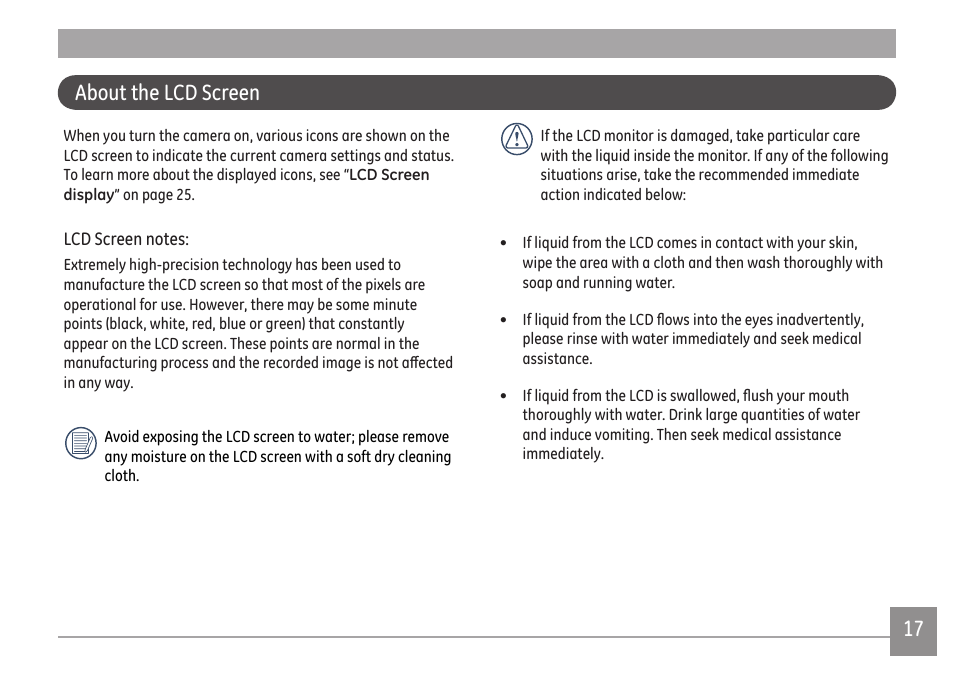 About the lcd screen | GE E1680W User Manual | Page 20 / 86