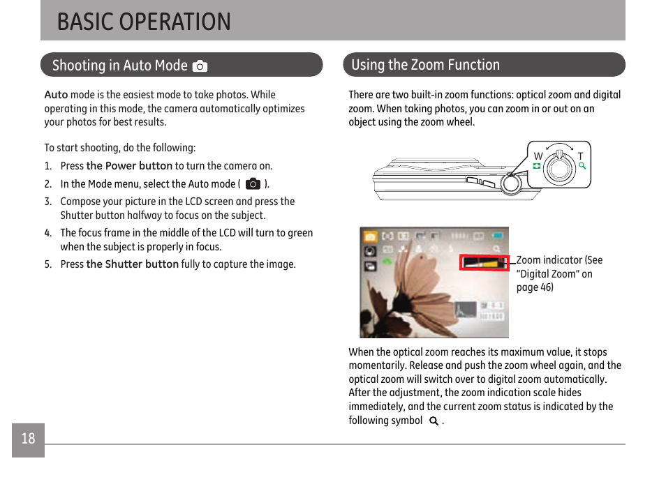 Basic operation, Shooting in auto mode, Using the zoom function | GE E1680W User Manual | Page 21 / 86