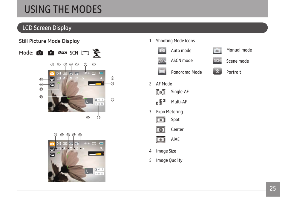 Using the modes, 24 25 lcd screen display, Still picture mode display mode | GE E1680W User Manual | Page 28 / 86