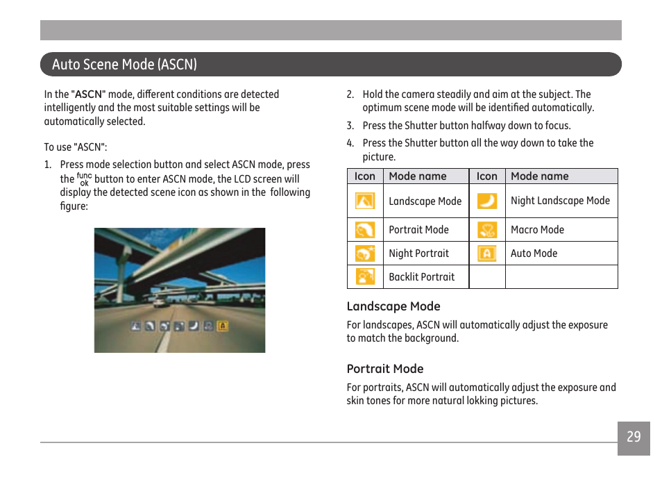 Auto scene mode (ascn) | GE E1680W User Manual | Page 32 / 86