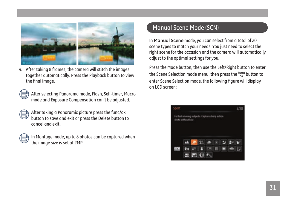 Manual scene mode (scn) | GE E1680W User Manual | Page 34 / 86