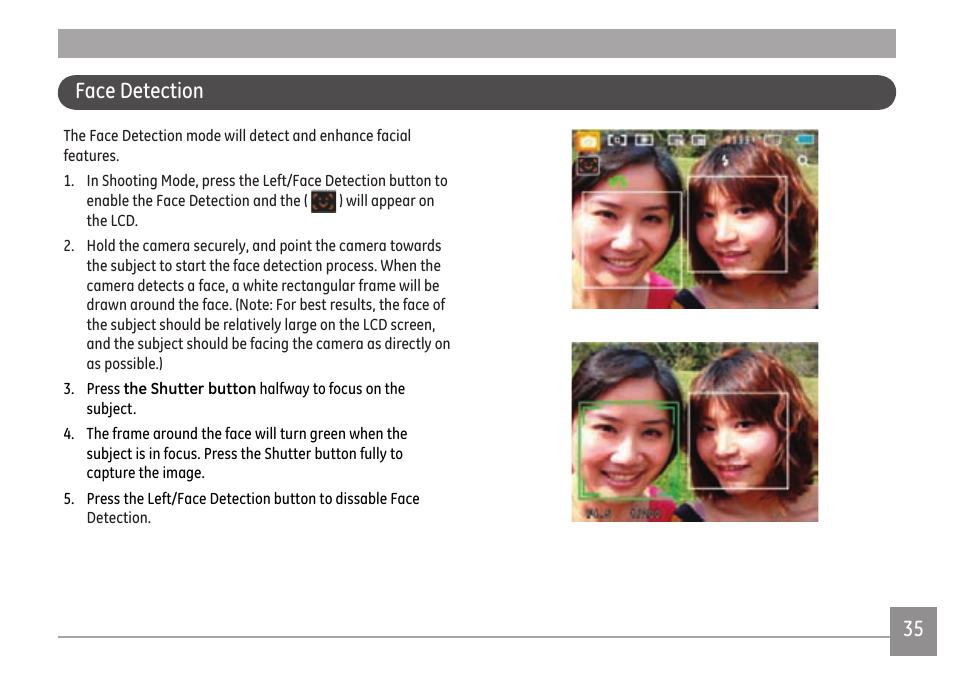 Face detection | GE E1680W User Manual | Page 38 / 86
