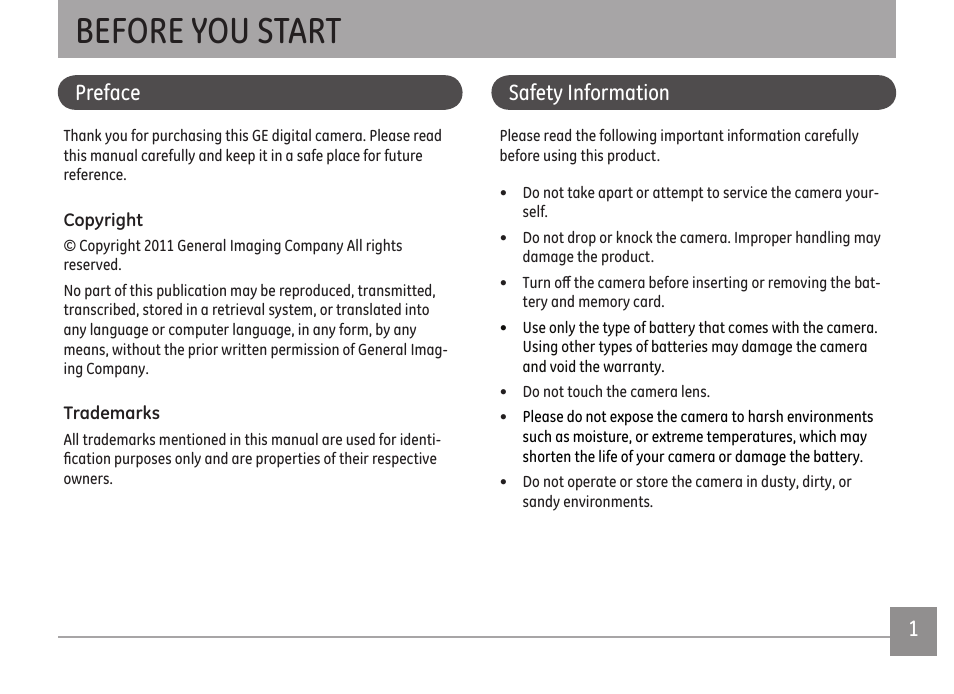 Before you start, Ii 1, Preface | Safety information | GE E1680W User Manual | Page 4 / 86