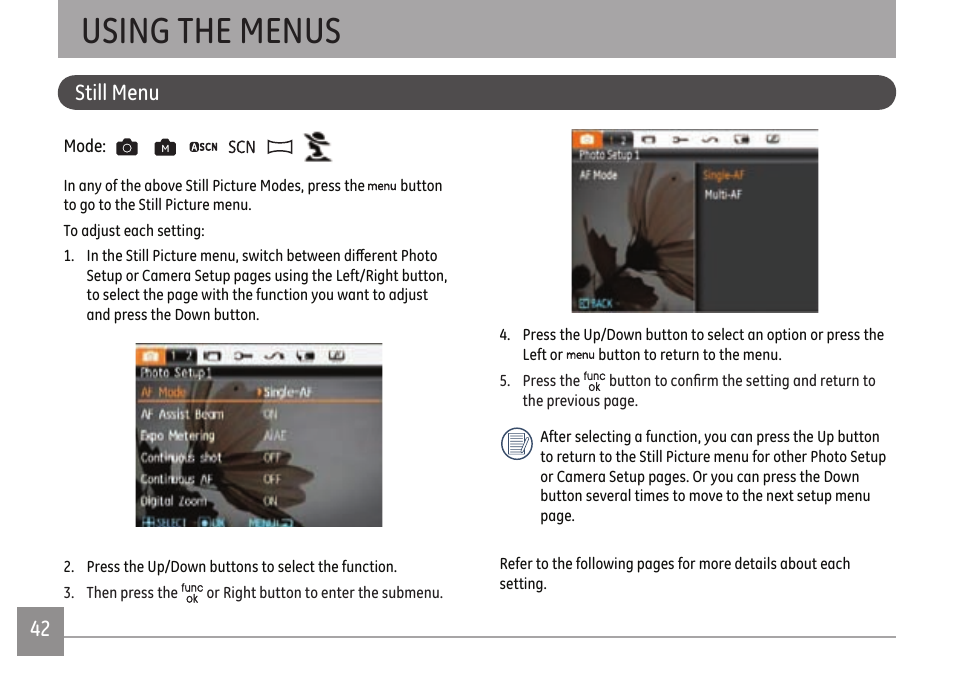 Using the menus, 42 43 still menu | GE E1680W User Manual | Page 45 / 86