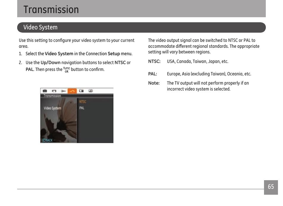 Transmission, 64 65 video system | GE E1680W User Manual | Page 68 / 86