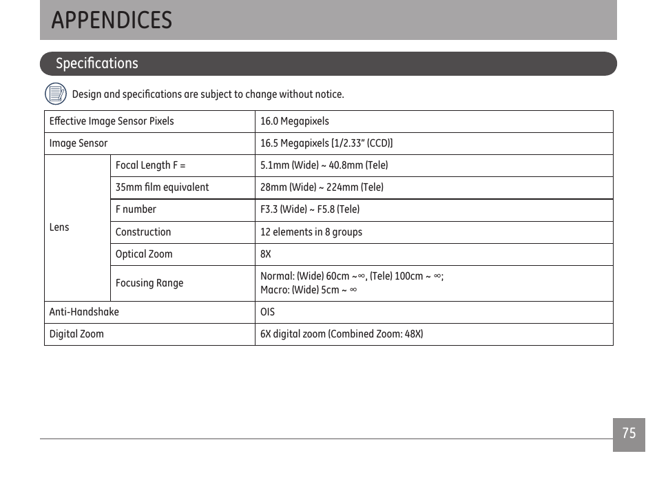 Appendices, 74 75 specifications | GE E1680W User Manual | Page 78 / 86