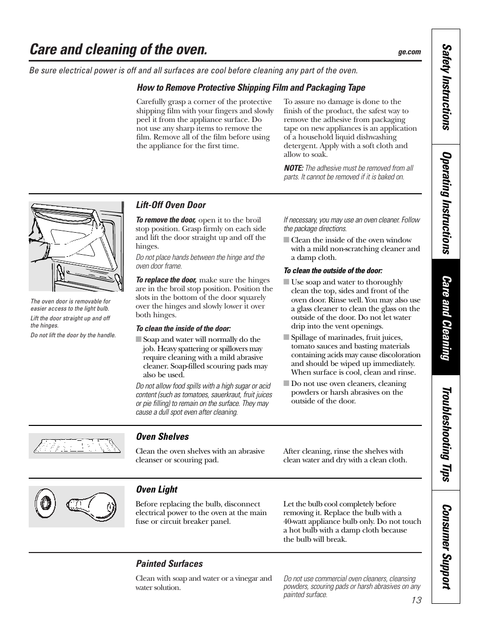 Lift-off oven door, Light bulb, Packaging tape | Painted surfaces, Shelves, Care and cleaning of the oven | GE JRS0624 User Manual | Page 13 / 20