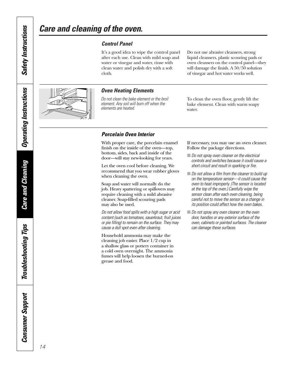 Control panel, Heating element, Porcelain oven interior | Control panel heating element, Care and cleaning of the oven | GE JRS0624 User Manual | Page 14 / 20