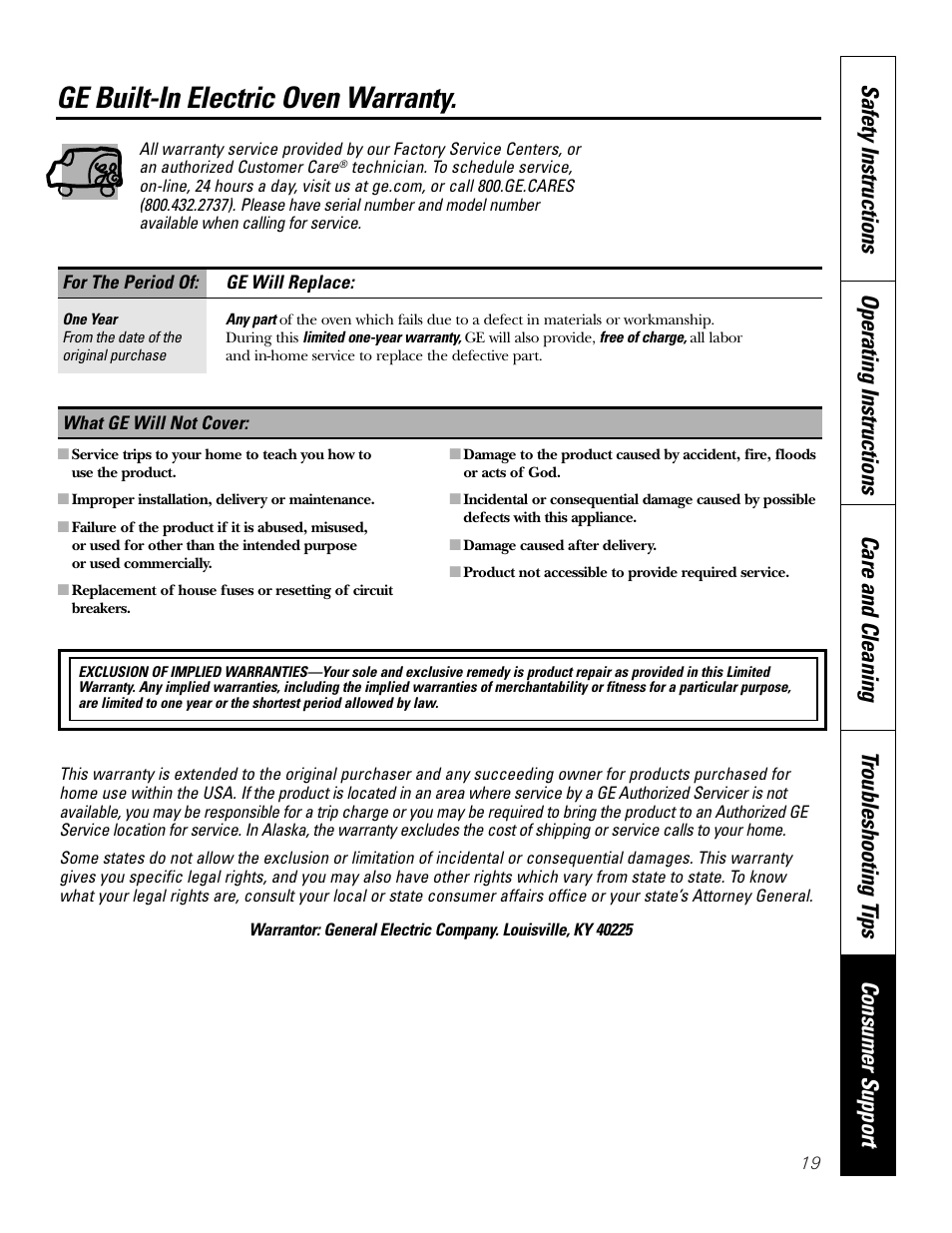 Warranty, Ge built-in electric oven warranty | GE JRS0624 User Manual | Page 19 / 20