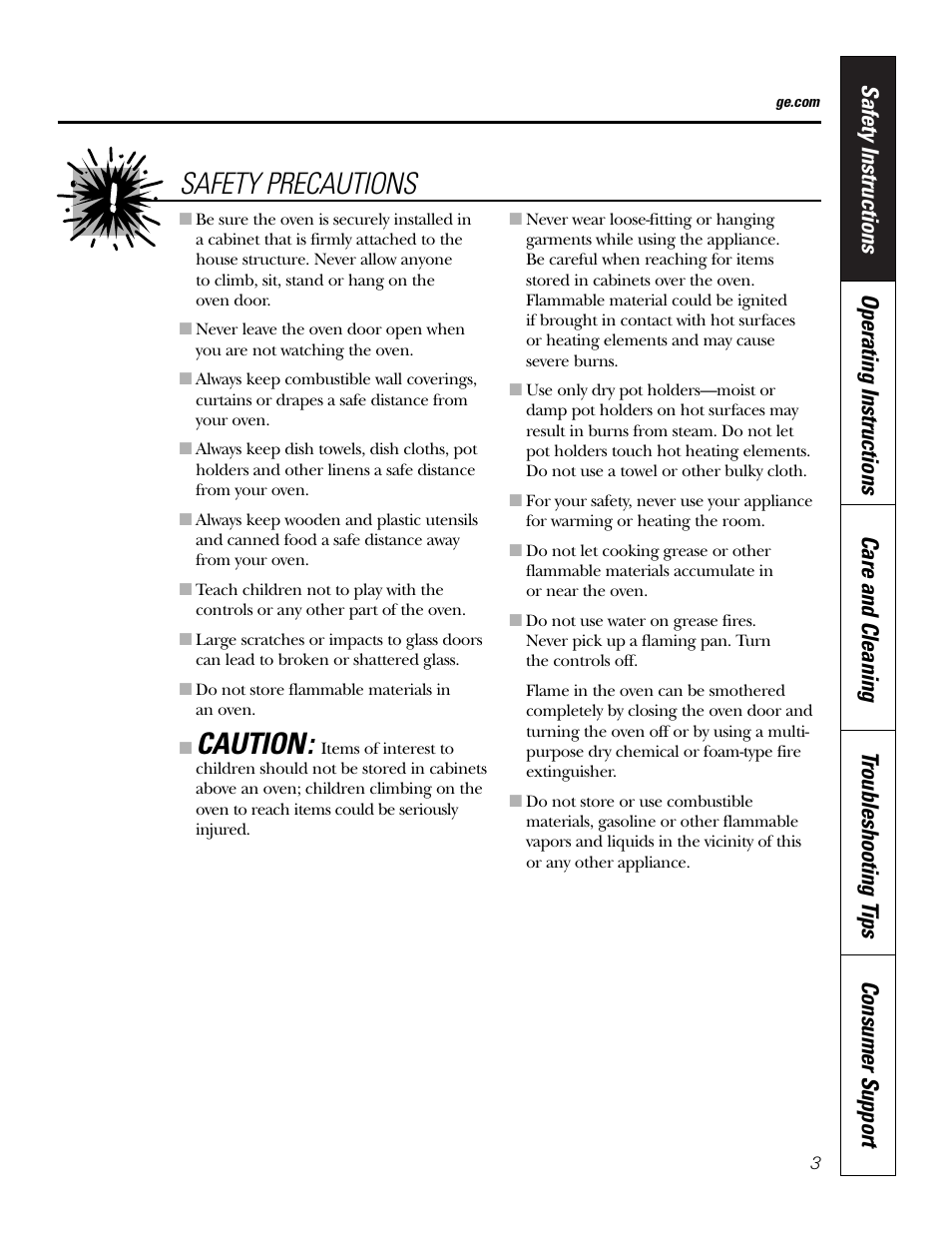 Caution, Safety precautions | GE JRS0624 User Manual | Page 3 / 20