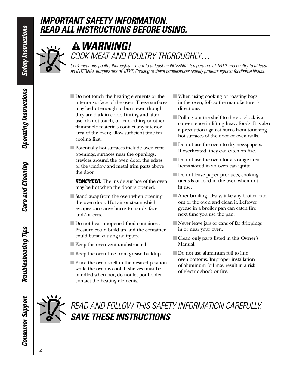 Warning, Cook meat and poultry thoroughly | GE JRS0624 User Manual | Page 4 / 20