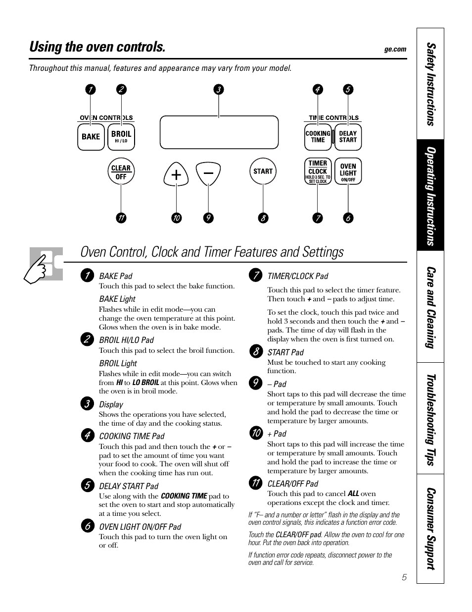 Controls, Using the oven controls | GE JRS0624 User Manual | Page 5 / 20