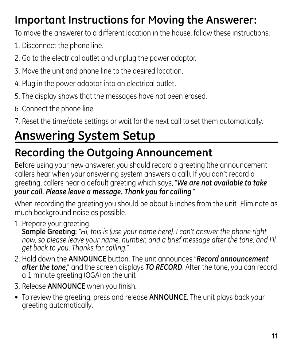 Answering system setup, Important instructions for moving the answerer, Recording the outgoing announcement | GE 00024178 User Manual | Page 11 / 44