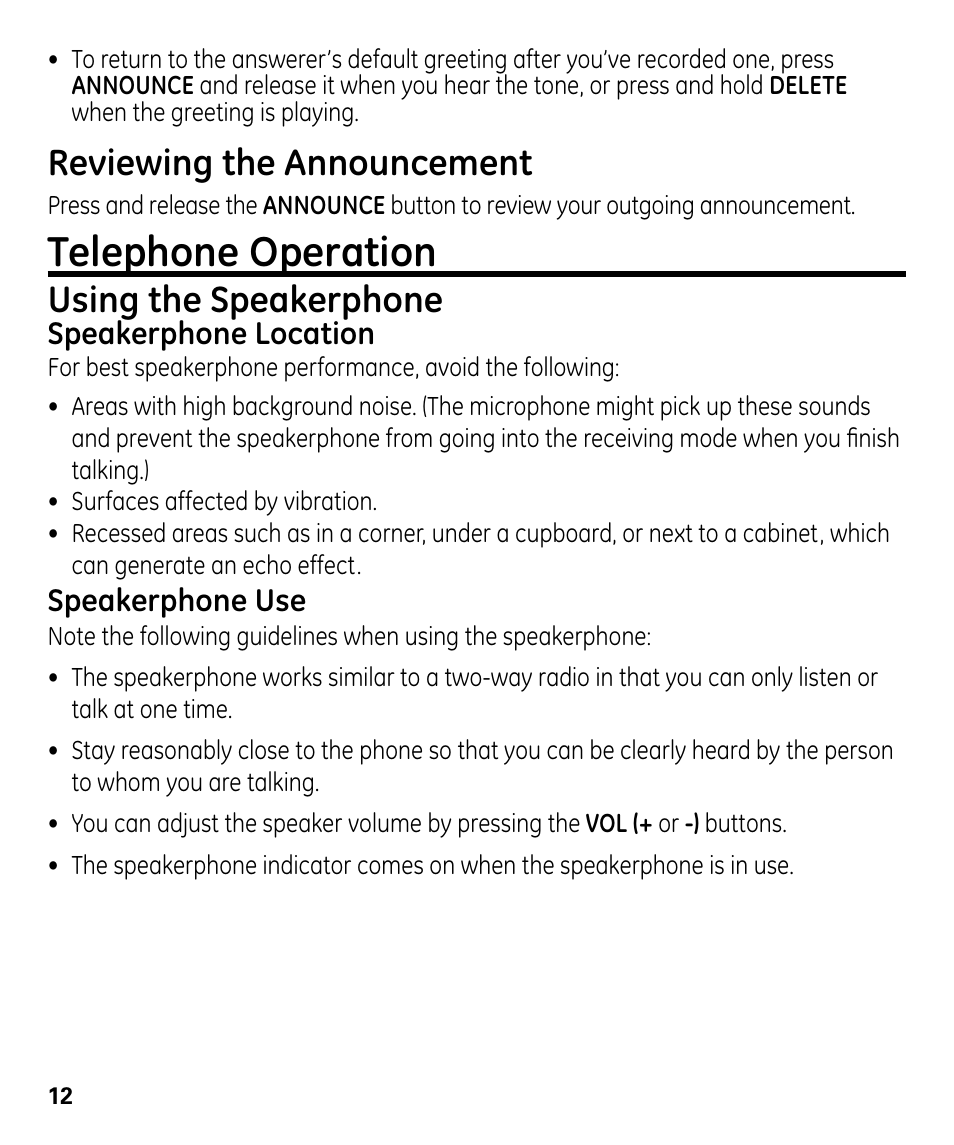 Telephone operation, Reviewing the announcement, Using the speakerphone | GE 00024178 User Manual | Page 12 / 44