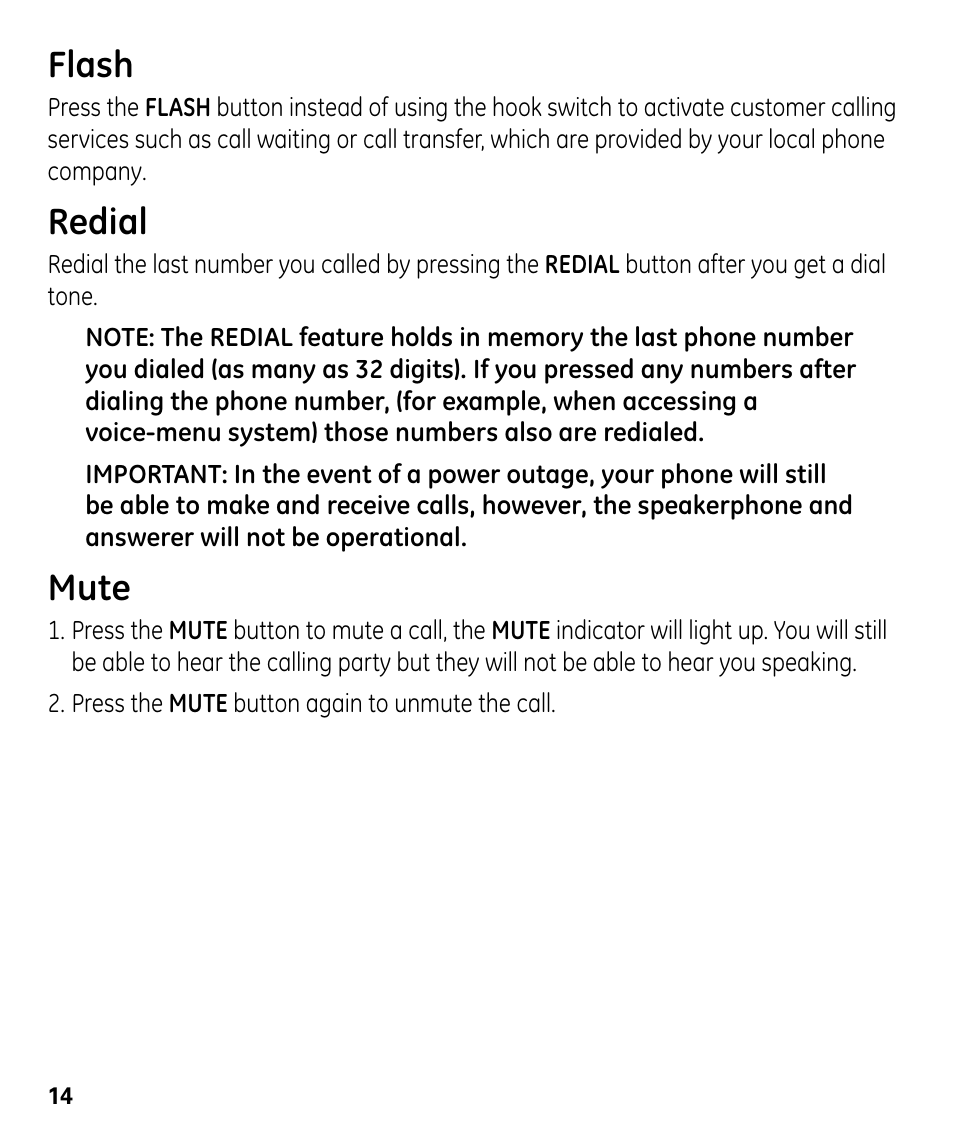 Flash, Redial, Mute | GE 00024178 User Manual | Page 14 / 44