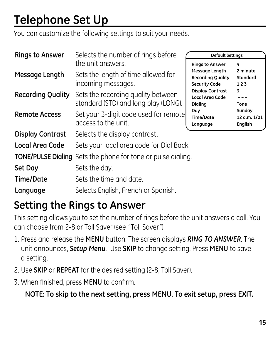 Telephone set up, Setting the rings to answer | GE 00024178 User Manual | Page 15 / 44