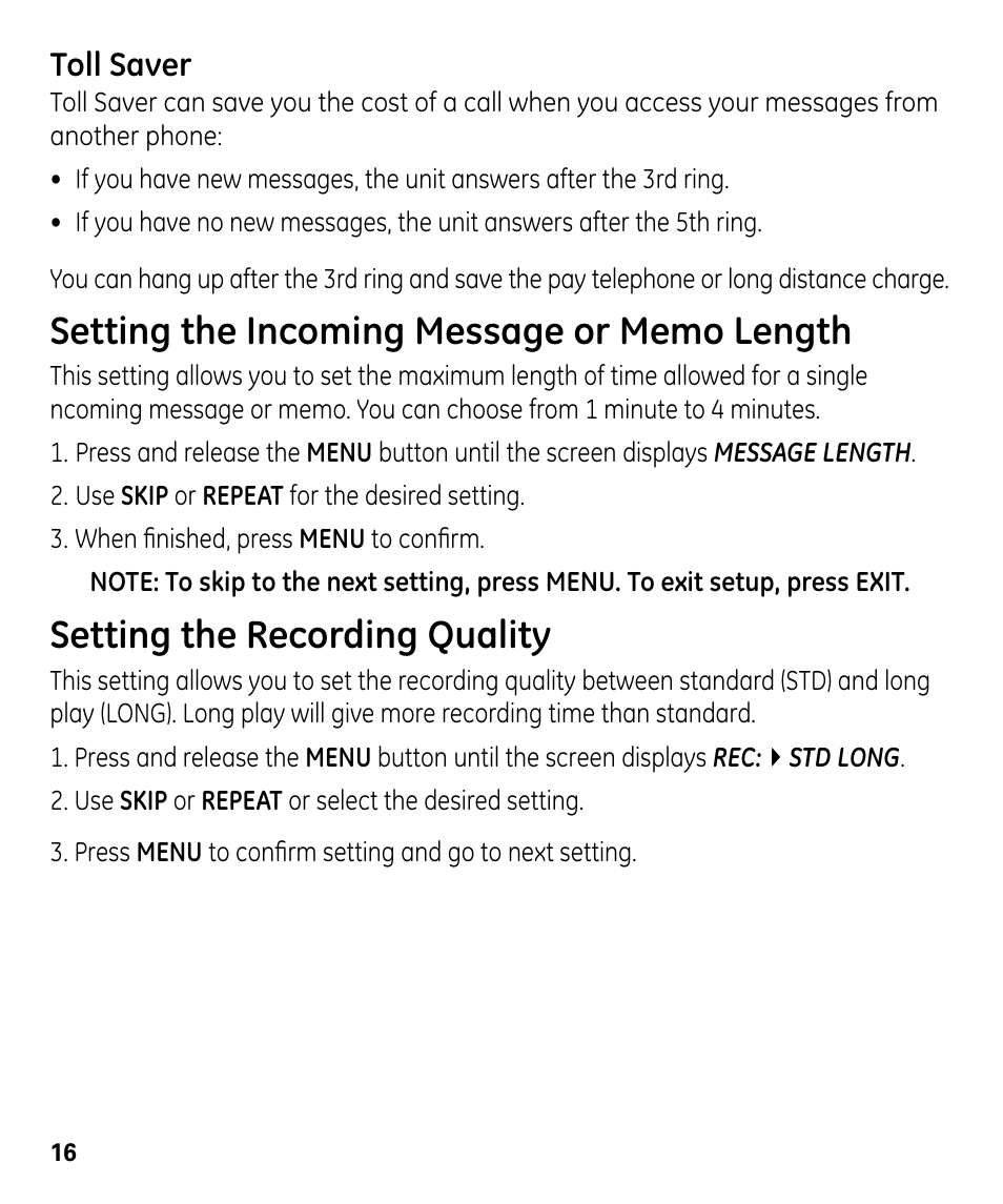 Setting the recording quality, Toll saver | GE 00024178 User Manual | Page 16 / 44