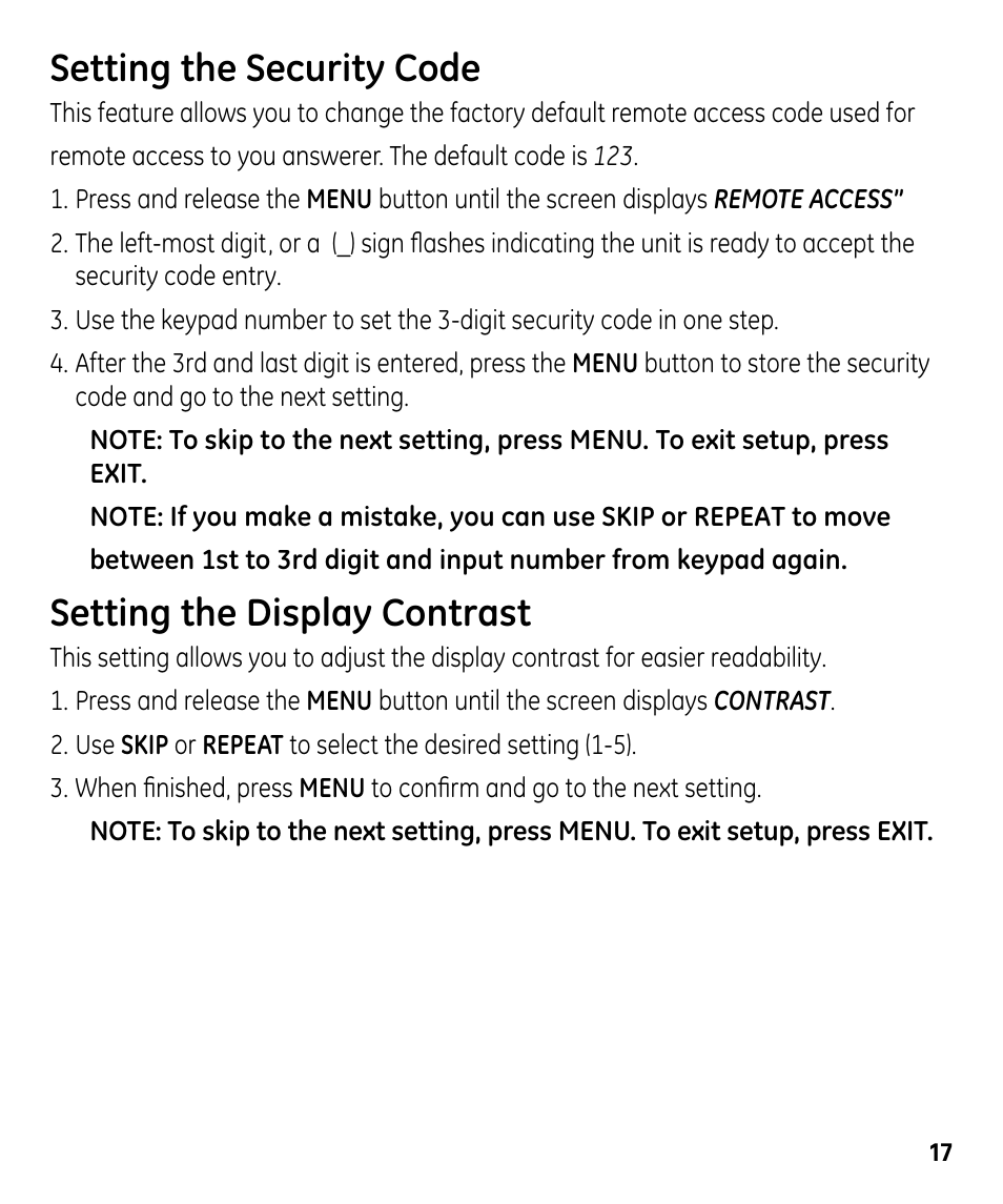 Setting the security code, Setting the display contrast | GE 00024178 User Manual | Page 17 / 44