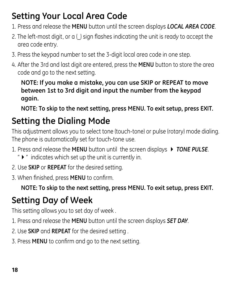 Setting your local area code, Setting the dialing mode, Setting day of week | GE 00024178 User Manual | Page 18 / 44