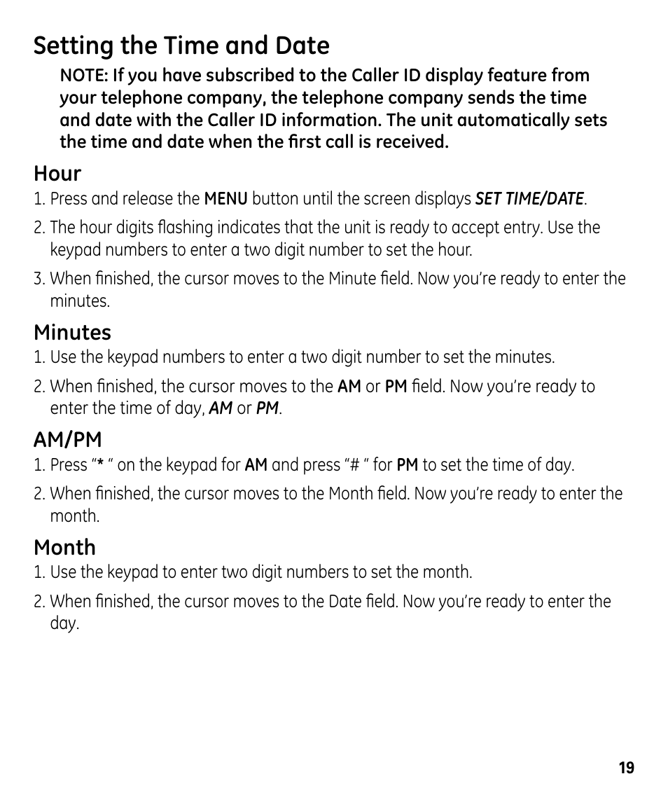 Setting the time and date, Hour, Minutes | Am/pm, Month | GE 00024178 User Manual | Page 19 / 44